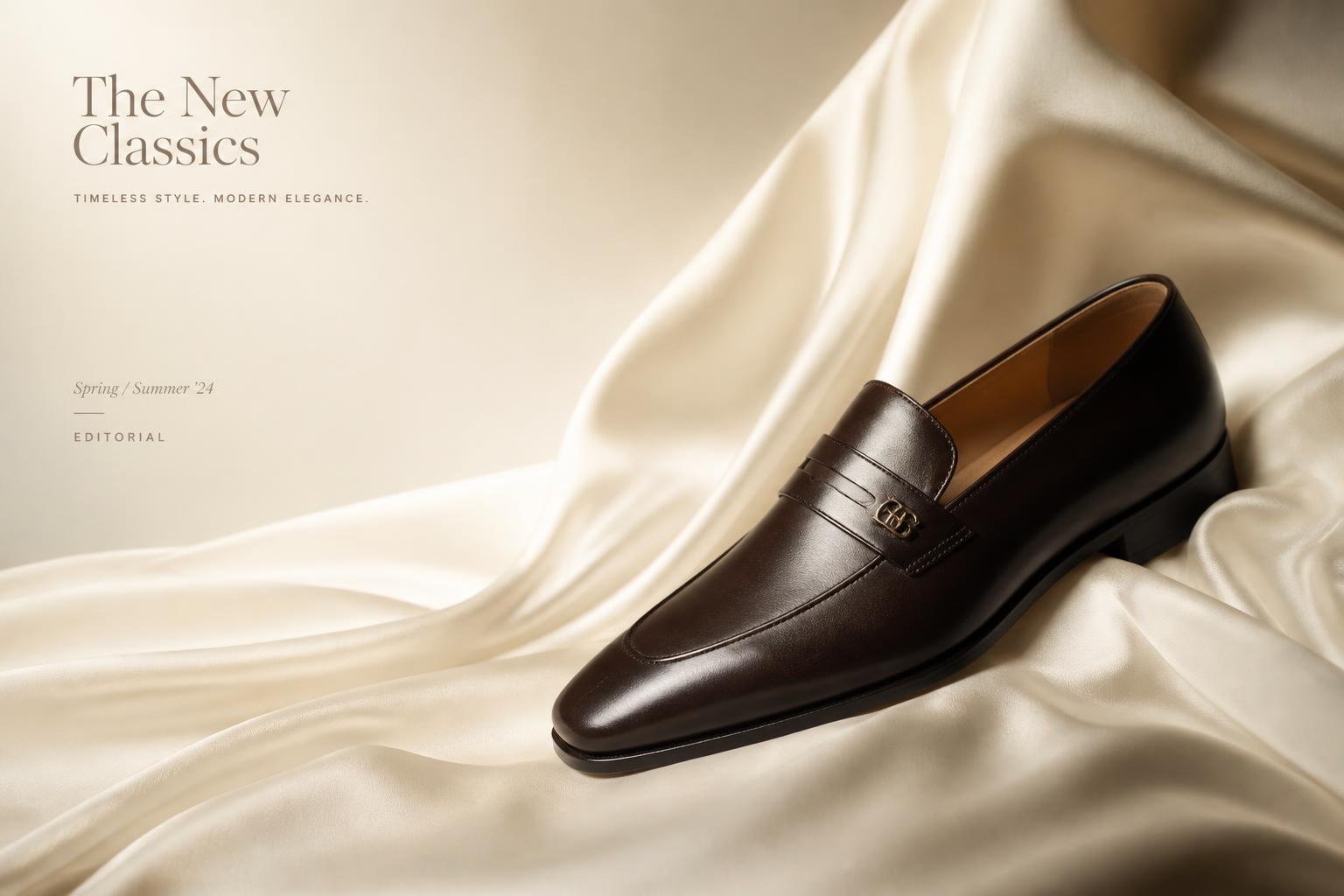 A dark espresso penny loafer resting on ivory silk